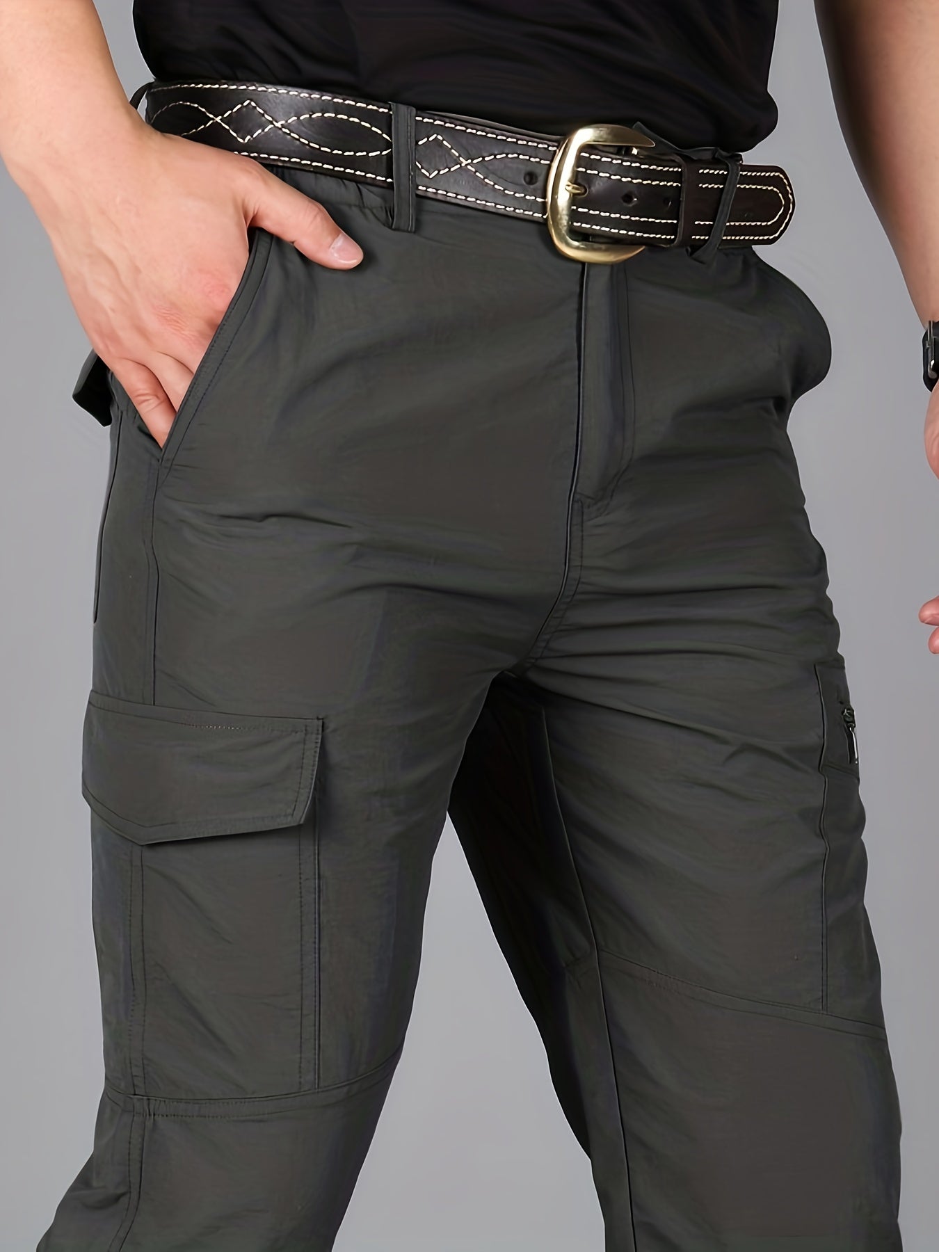 Men's Flap Pocket Cargo Pants, Drawstring Comfy Active Stretch Breathable Trousers For Outdoor Activities
