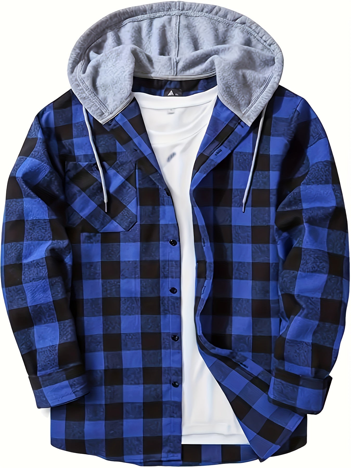 Plaid Pattern Men's Long Sleeve Hooded Shirt With Chest Pocket & Drawstring, Men's Casual Spring Fall Clothing