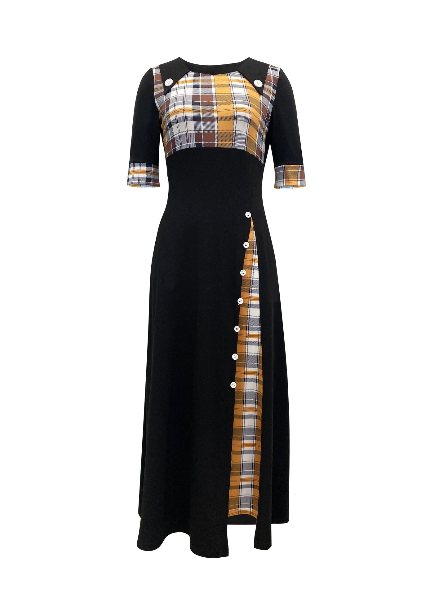 Plaid Print Splicing Dress, Casual Crew Neck Short Sleeve Maxi Dress, Women's Clothing
