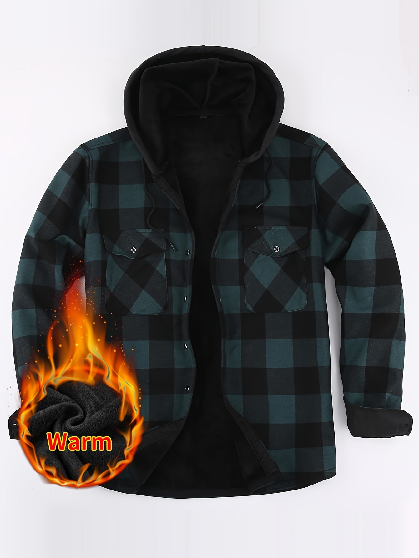 Plus Fleece Warm Daily Men's Plaid Pattern Long Sleeve Hooded Button Shirt For Fall Winter Outdoor, Men's Casual Color Block Shirt Jacket