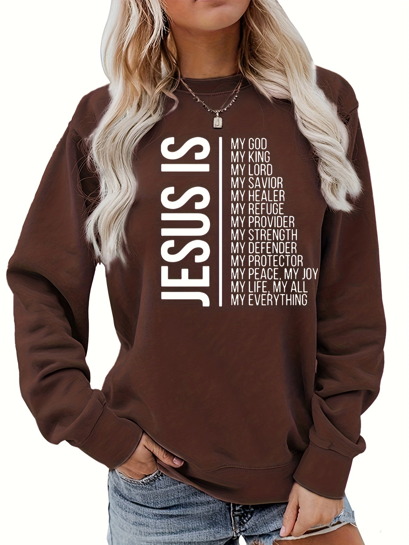 Jesus Is My Everything Print Sweatshirt, Casual Long Sleeve Crew Neck Sweatshirt, Women's Clothing