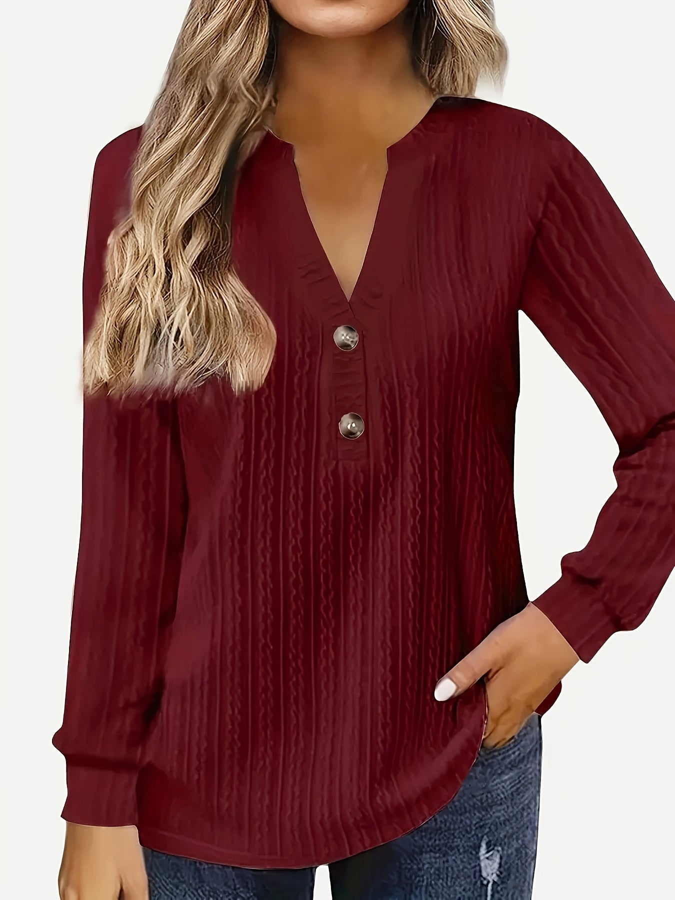 Textured Button Front V Neck T-Shirt, Casual Long Sleeve Top For Spring & Fall, Women's Clothing