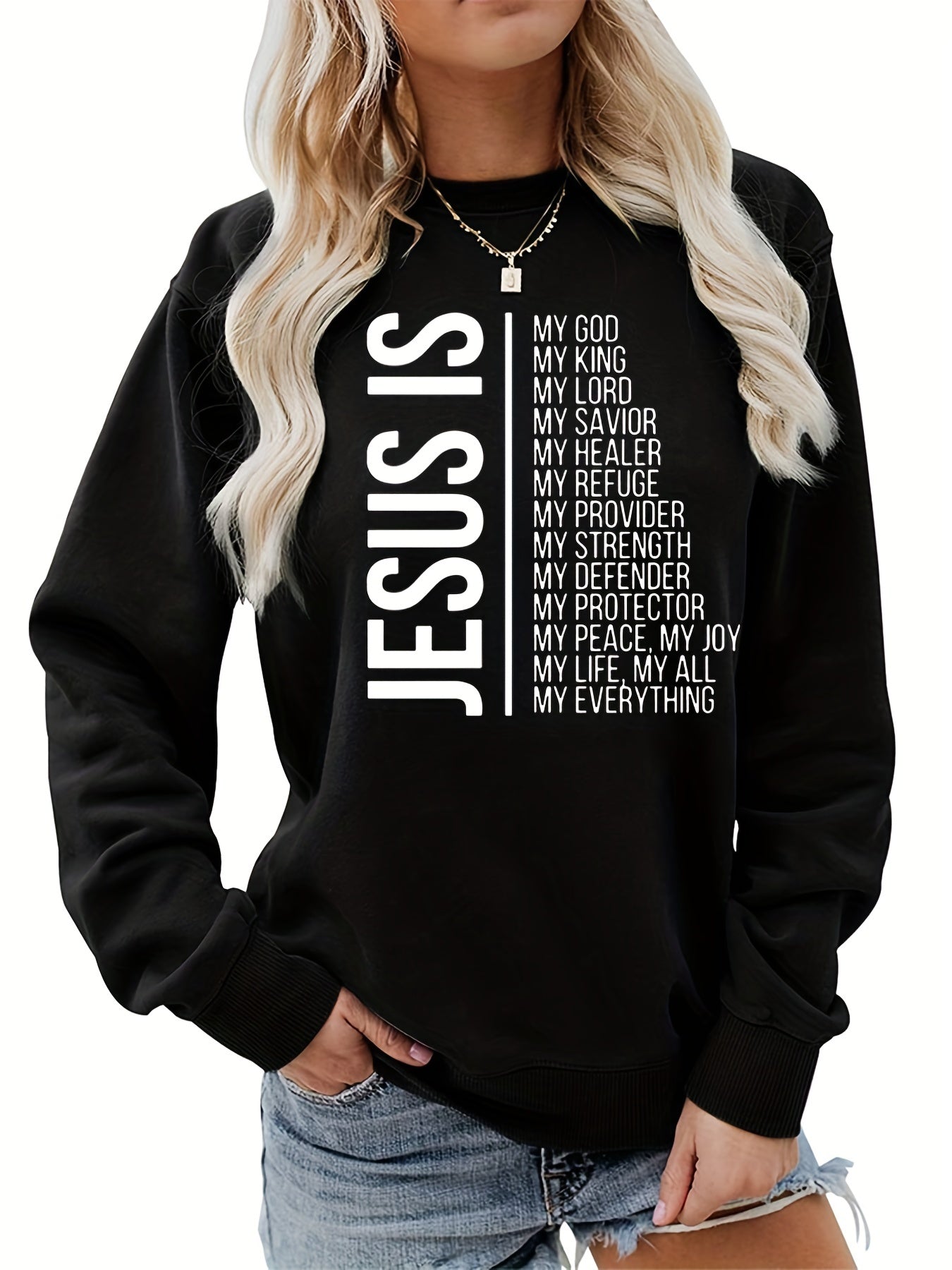 Jesus Is My Everything Print Sweatshirt, Casual Long Sleeve Crew Neck Sweatshirt, Women's Clothing