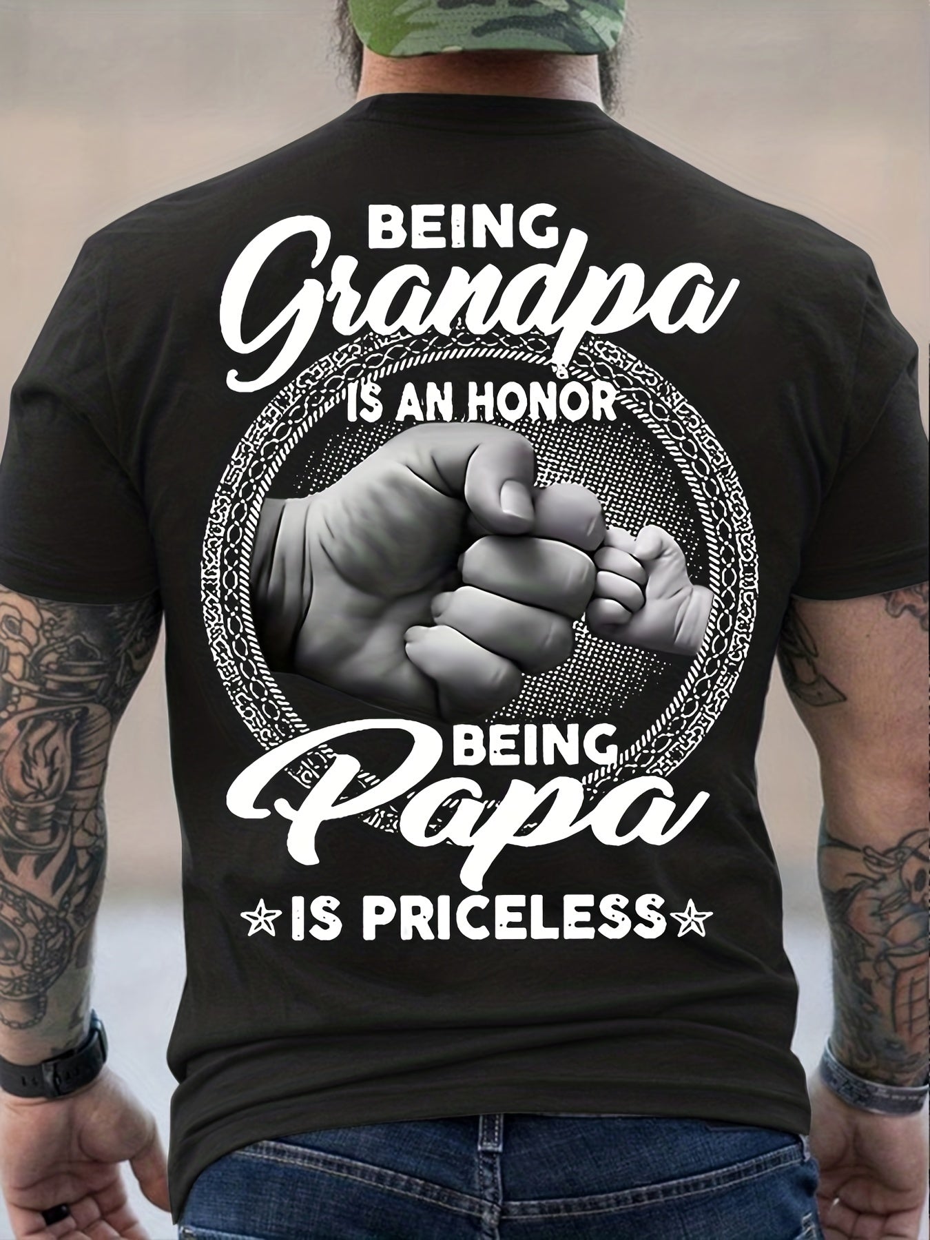 Men's Trendy T-shirt For Summer Outdoor, Casual "Being Grandpa Being Papa" Letter Print Slightly Stretch Crew Neck Tee Short Sleeve Stylish Clothing