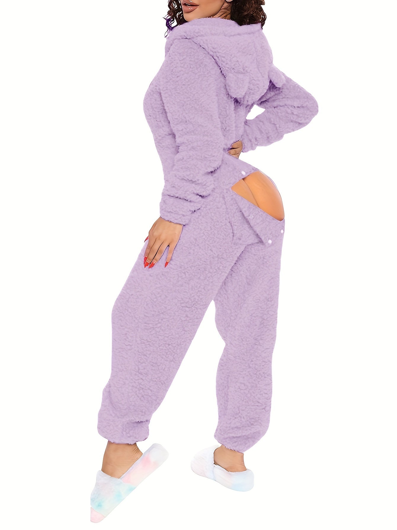 Solid Hooded Fuzzy Pajama Jumpsuit, Comfy Long Sleeve Zipper Pajamas, Women's Lingerie & Sleepwear