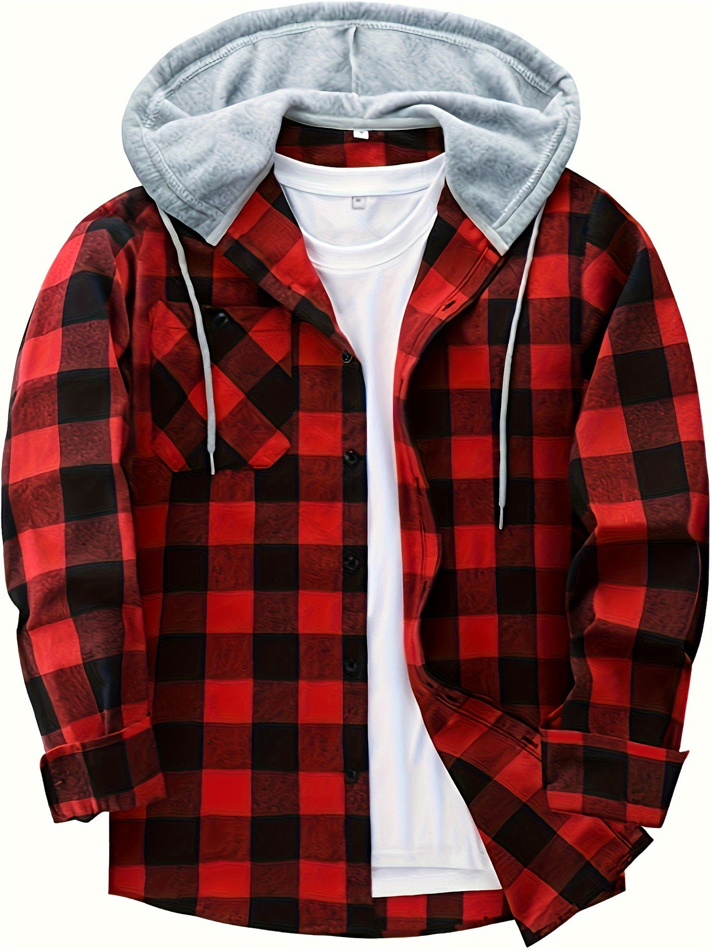 Plaid Pattern Men's Long Sleeve Hooded Shirt With Chest Pocket & Drawstring, Men's Casual Spring Fall Clothing