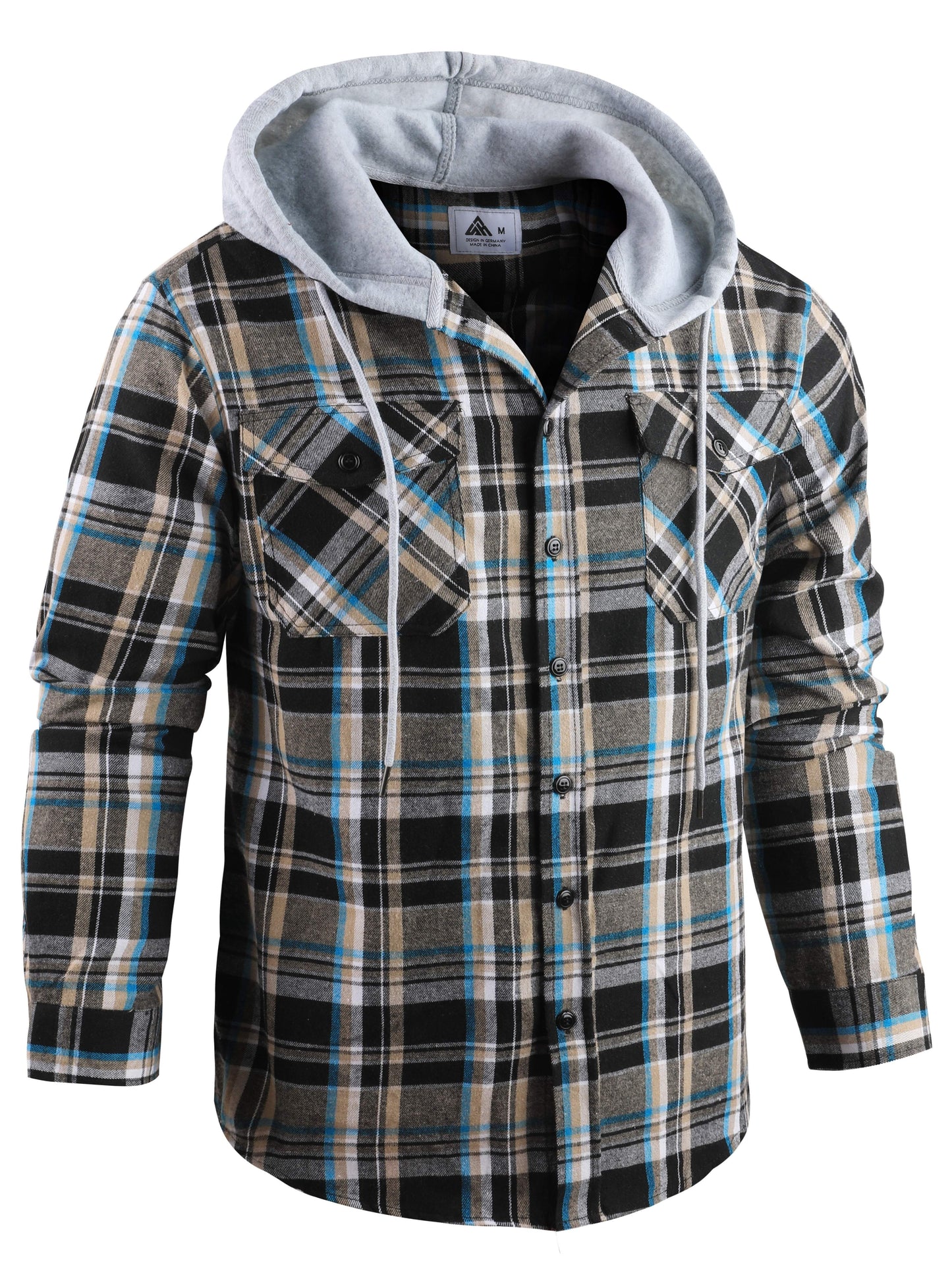 Color Block Plaid Pattern Men's Long Sleeve Hooded Button Down Shirt With Pocket Design, Men's Spring Fall Outdoor Clothing