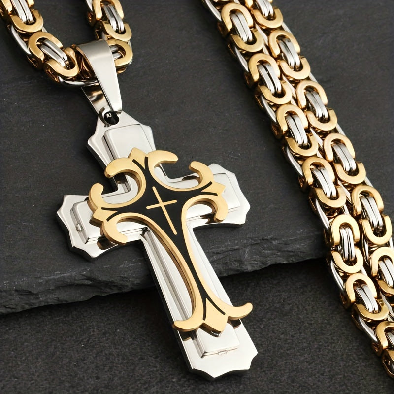 Men's Vintage Flat Handmade Necklace With Multilayer Golden Black Stainless Steel Cross Pendant Necklace Jewelry
