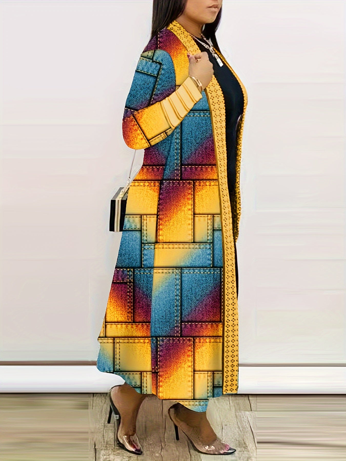 Colorblock Geometric Print Cardigan, Casual Long Sleeve Open Front Long Cardigan, Women's Clothing