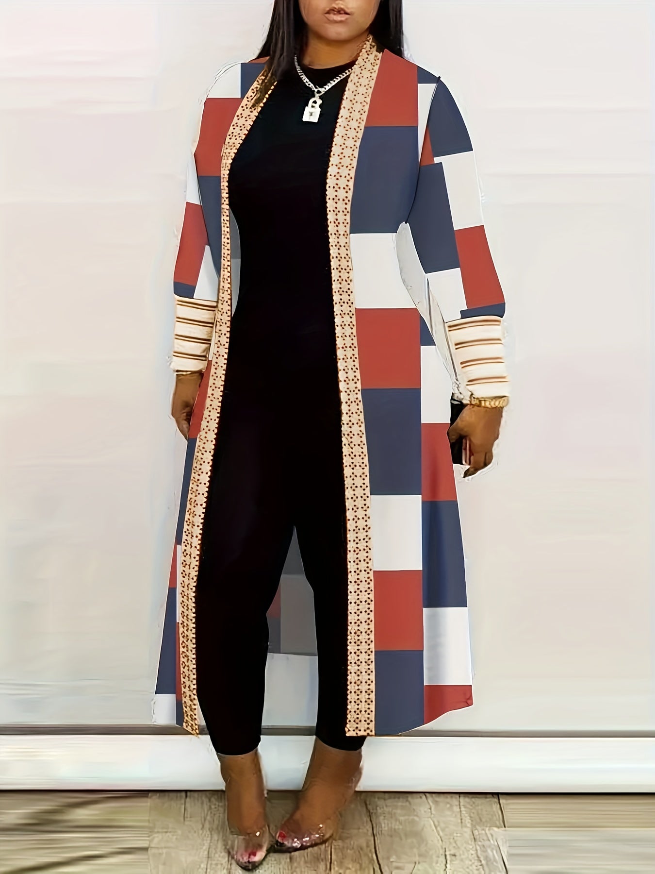 Colorblock Geometric Print Cardigan, Casual Long Sleeve Open Front Long Cardigan, Women's Clothing