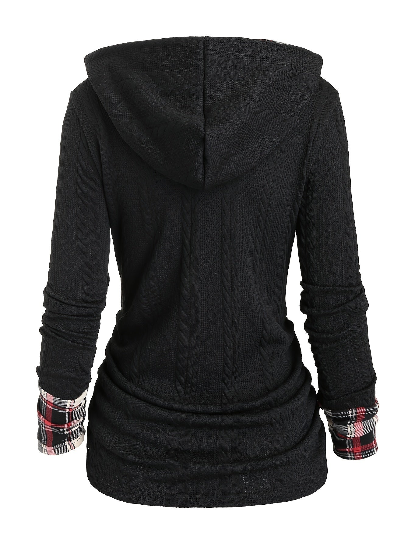 Plaid Splicing Button Decor Cable Hoodie, Casual Long Sleeve Hoodie, Women's Clothing