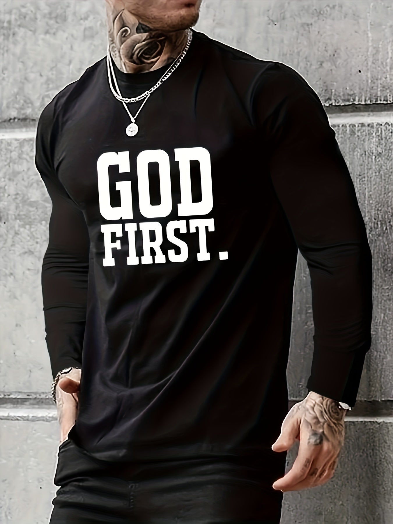 GOD First Print, Men's Graphic Design Crew Neck Long Sleeves Black Active T-shirt, Casual Comfy Shirts For Spring Summer Autumn, Men's Clothing Tops