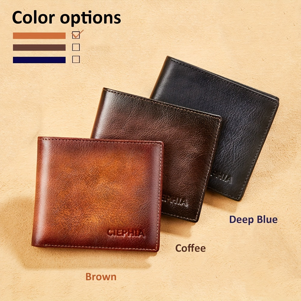 Men's Genuine Leather Anti Theft Brush Wallet Retro Bifold Short Multifunction ID Credit Card Holder With 2 ID Wallets