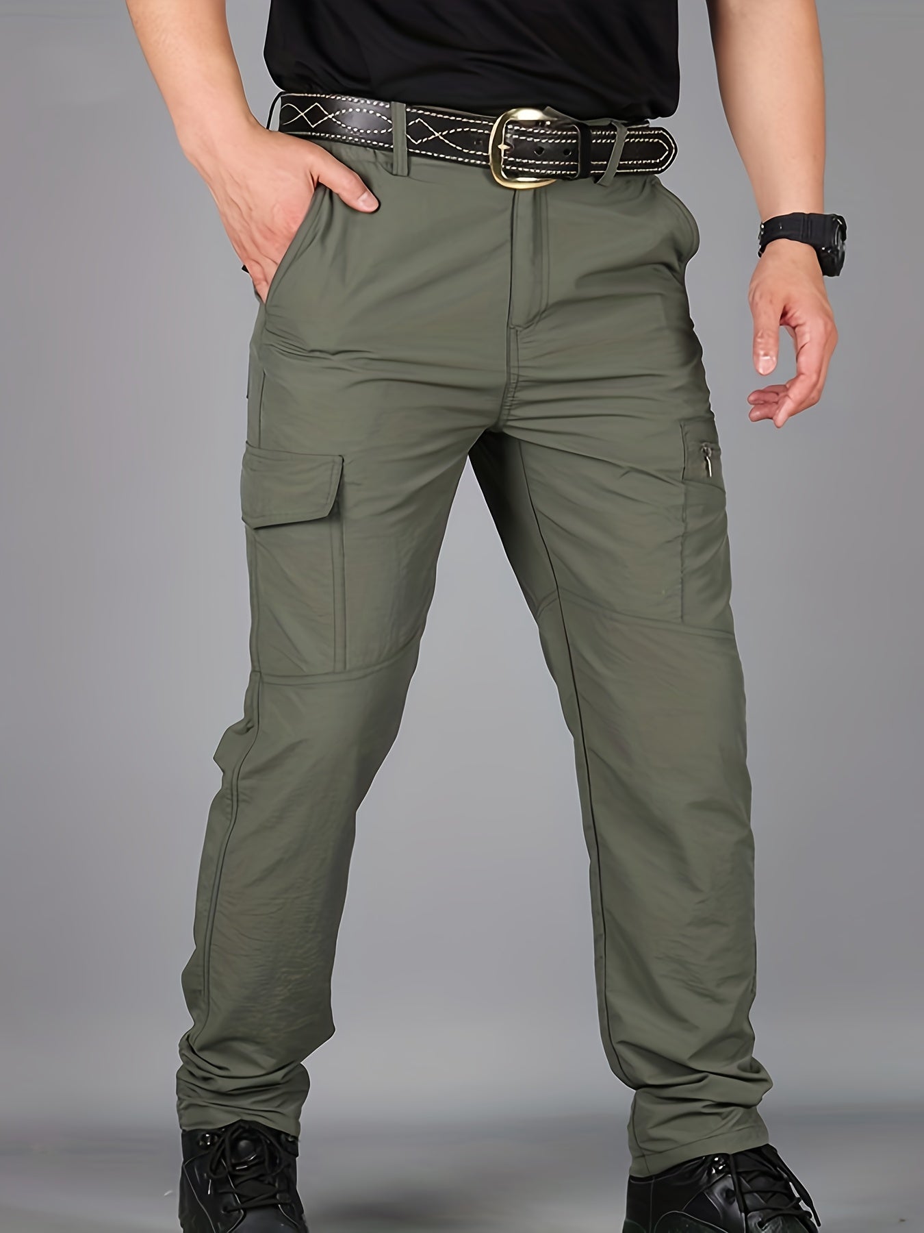 Men's Flap Pocket Cargo Pants, Drawstring Comfy Active Stretch Breathable Trousers For Outdoor Activities