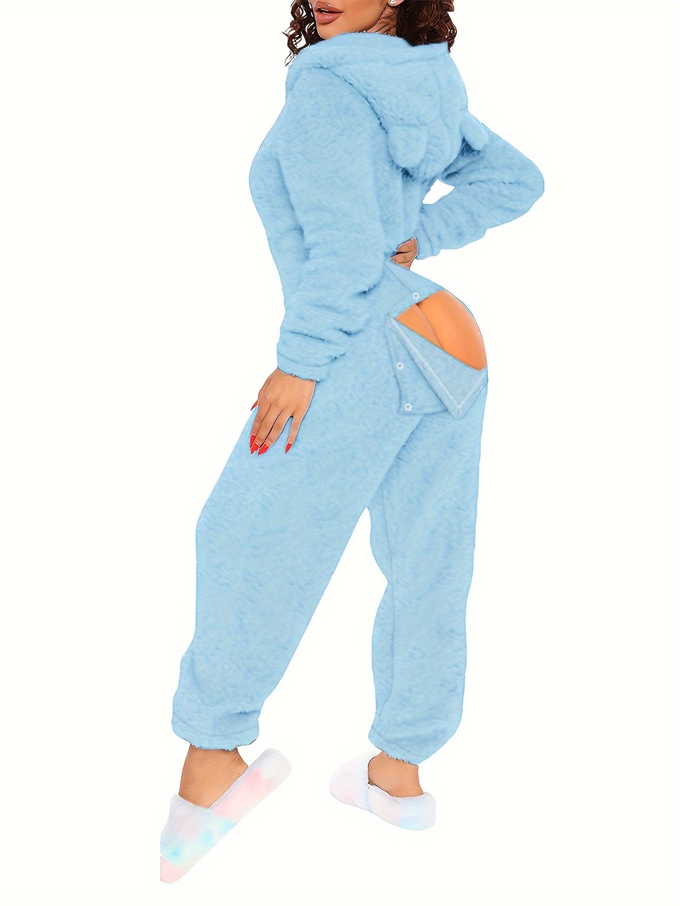 Solid Hooded Fuzzy Pajama Jumpsuit, Comfy Long Sleeve Zipper Pajamas, Women's Lingerie & Sleepwear