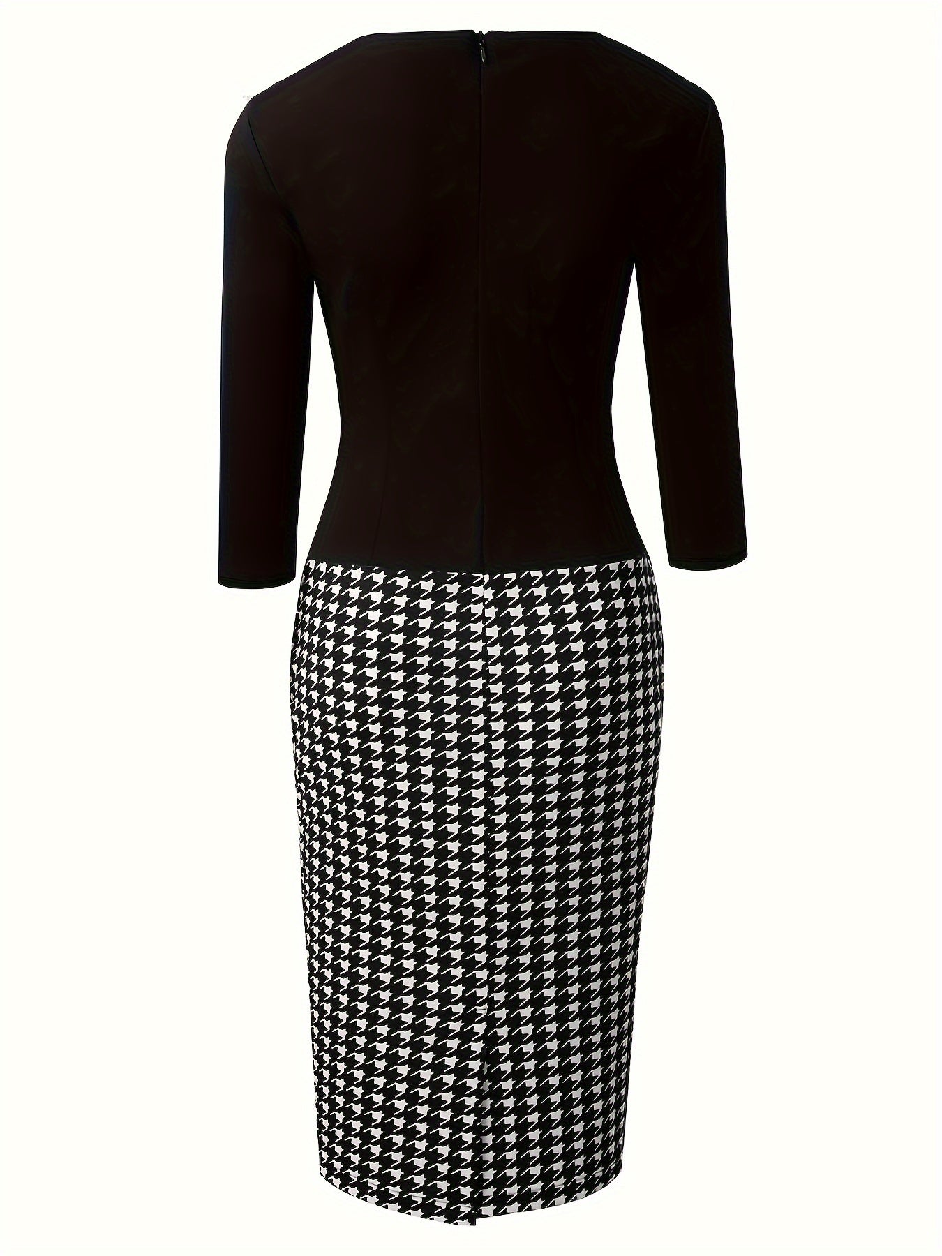 Houndstooth Print Stitching Dress, Elegant 3/4 Sleeve Work Office Dress, Women's Clothing
