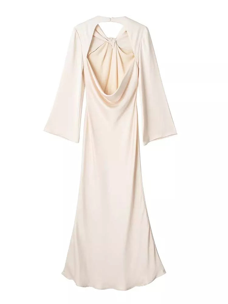 KLKXMYT TRAF Satin Long Dress Women Backless Maxi Dress Woman Autumn Knot Party Dresses for Women 2023 Long Sleeve Female Dress
