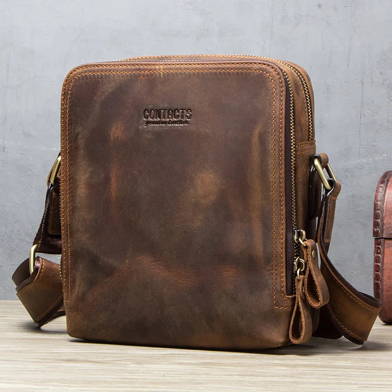 CONTACT'S 2022 New Genuine Leather Men's Messenger Bag Vintage Shoulder Bags for 7.9" Ipad Mini High Quality Male Crossbody Bag