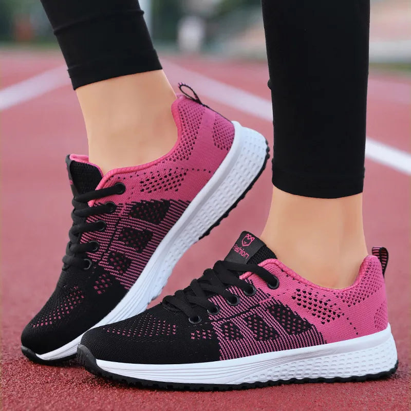 Women Casual Shoes Breathable Walking Mesh Lace Up Flat Shoes Sneakers