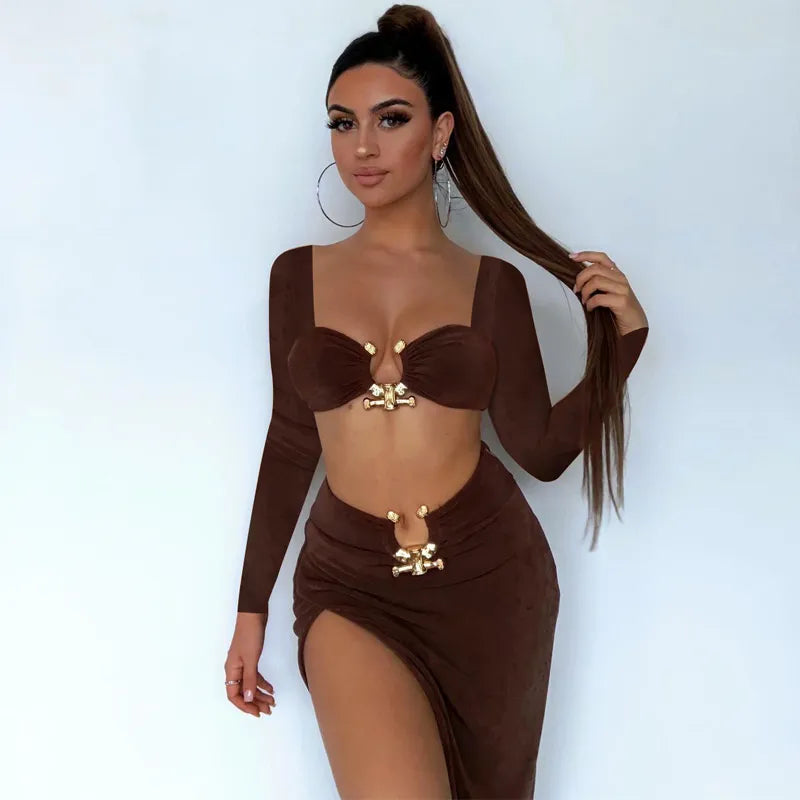 Mozision 2022 Autumn Two Piece Set Women Square Collar Full Sleeve Crop Top And High Split Skirt Matching Sets Female Dress Set
