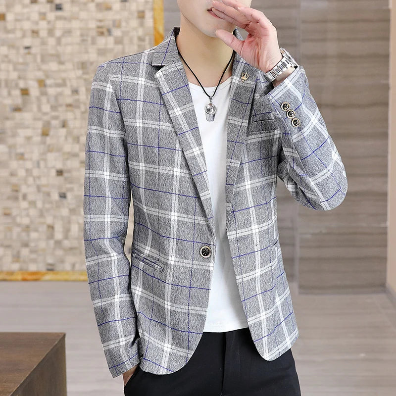 Men's Blazer British's Style Casual Slim Fit Suit Jacket Male Plaid Blazers Single Button Men Coat Terno Masculino Plus Size 3XL