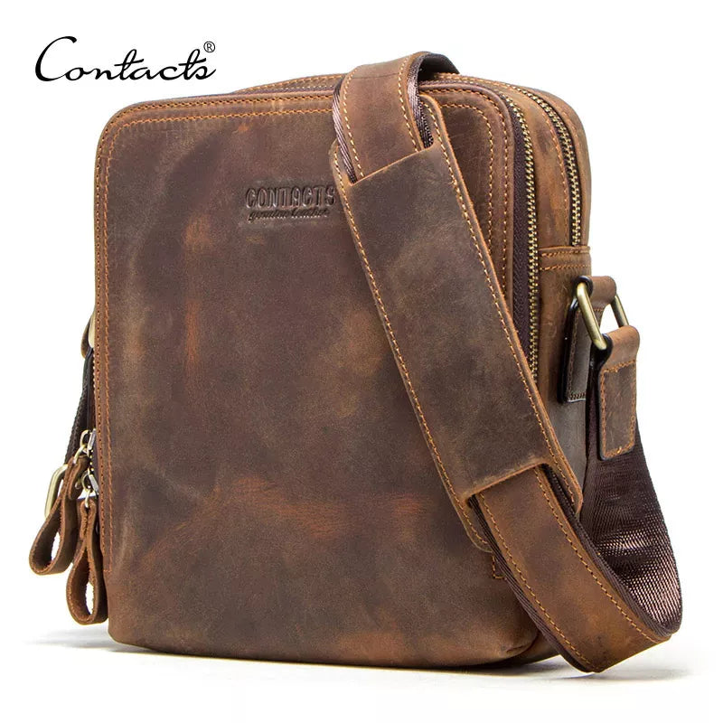 CONTACT'S 2022 New Genuine Leather Men's Messenger Bag Vintage Shoulder Bags for 7.9" Ipad Mini High Quality Male Crossbody Bag