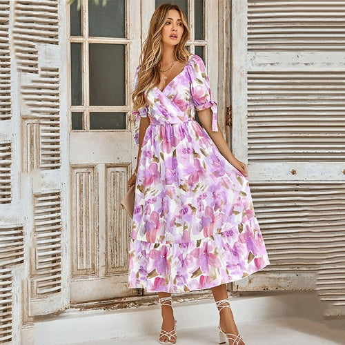 V-Neck Floral Print Summer Boho Dress