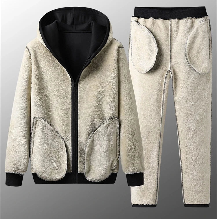 New Fleece Men Set Fashion Brand Tracksuit Lined Thick Hooded Sweatshirt + Pants Sportswear 3Pcs Sets Male Winter Warm Outerwear