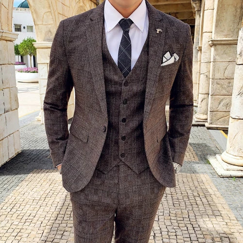Men's Suit Jacket Vest Pants Fashion Boutique Plaid Casual Business Male Groom Wedding Tuxedo Dress 3 Pieces Set Blazers Coat