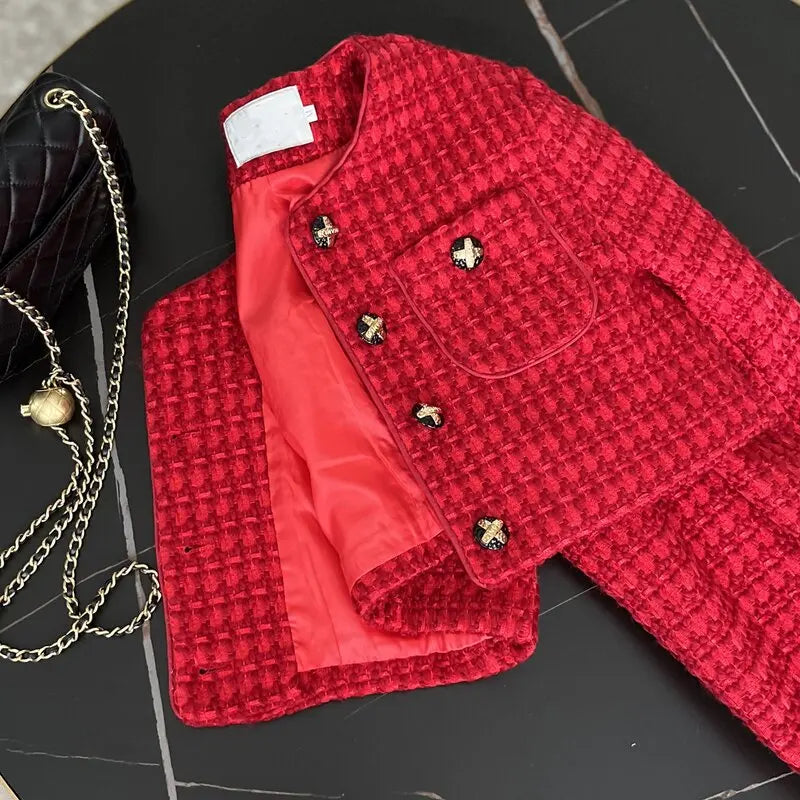 High Quality Chic Autumn Winter Red Woolen Short Jacket Coat Sweet
