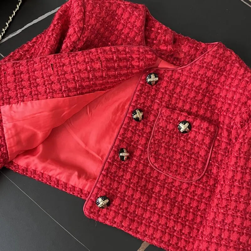High Quality Chic Autumn Winter Red Woolen Short Jacket Coat Sweet
