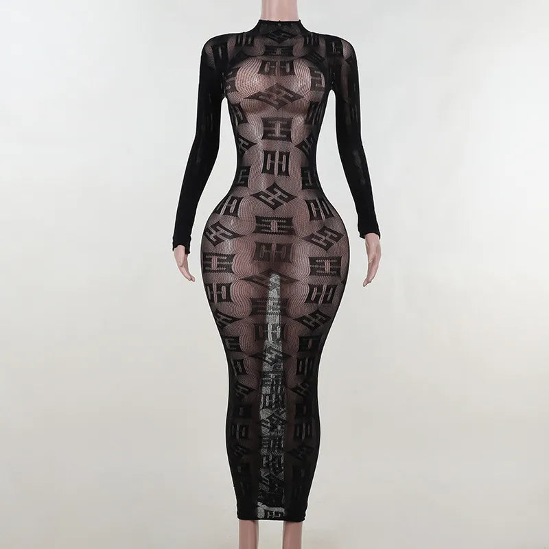 Sexy See Through Bodycon Women Dress Long Sleeve Letter Printed Spring Clothing Night Club Party Knitted Female Dress Vestidos