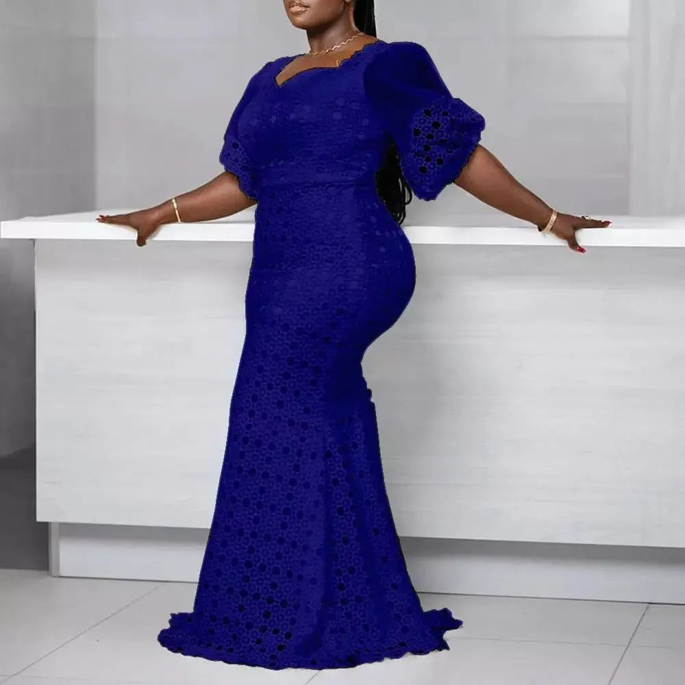 Women Fashion Plus Size Dress Half Sleeve Hollow Floor Length High Waist American African Style Street Beat Female Dress