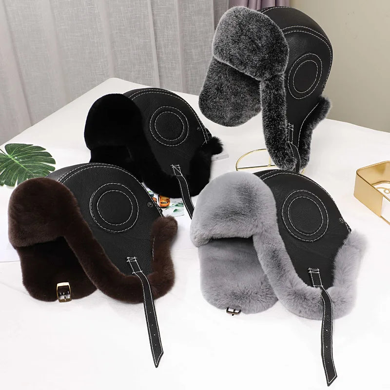 New Arrival Men's 100% Natural Rex Rabbit Fur Bomber Hats Winter Russian Man Warm Real Sheepskin Leather Hat Male Real Fur Caps