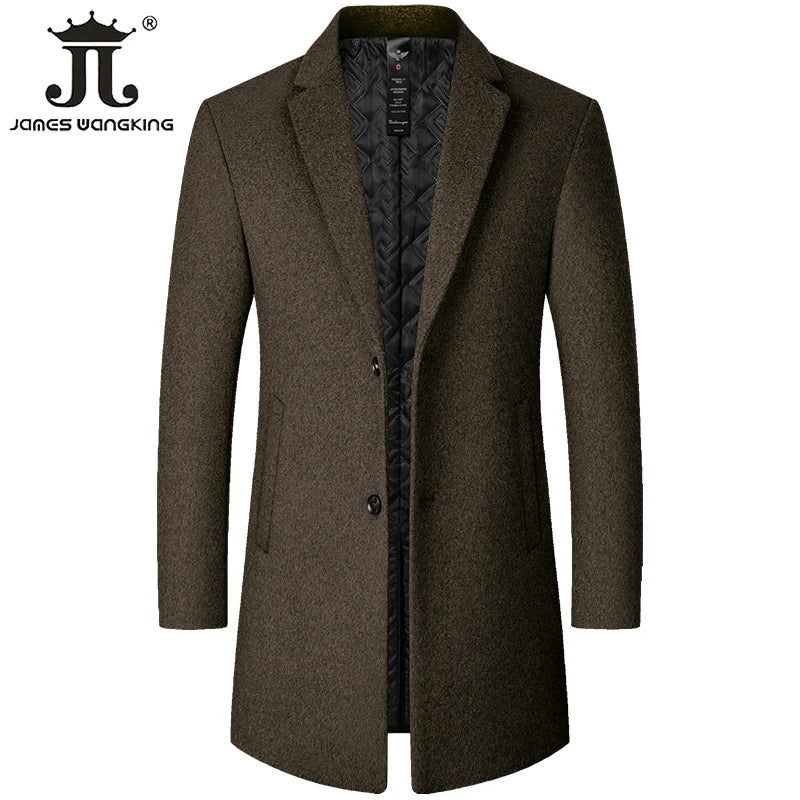 Male Woolen Coat Solid Color Slim Mid-Length Windbreaker Warm Wear-Resistant Men's Wool Coat Business Formal Wear Casual Jacket