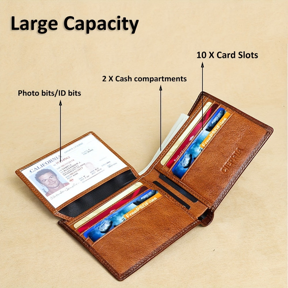 Men's Genuine Leather Anti Theft Brush Wallet Retro Bifold Short Multifunction ID Credit Card Holder With 2 ID Wallets