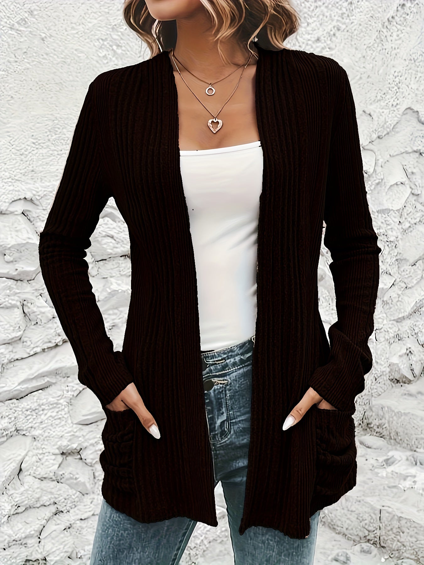 Solid Open Front Rib Knit Cardigan, Casual Long Sleeve Slim Cardigan With Pocket, Women's Clothing