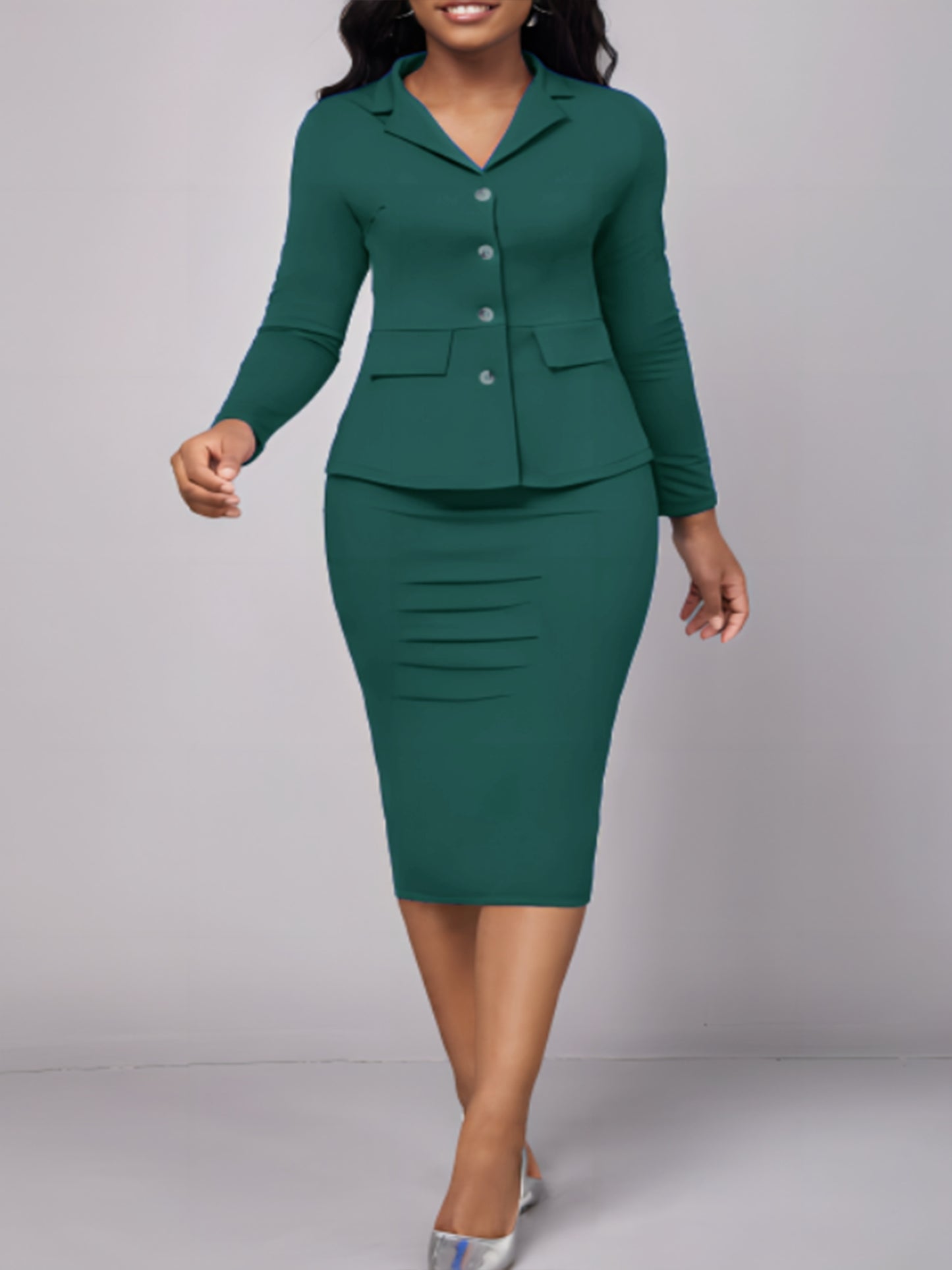 Two-piece Skirt Suit Set, Lapel Blazer & Sheath Midi Skirt 2pcs Business Outfit, Women's Clothing