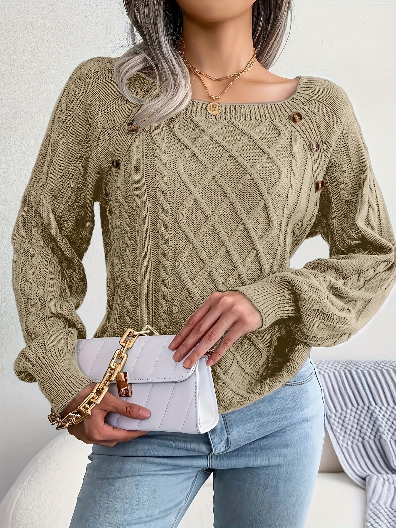 Solid Cable Knit Sweater, Casual Crew Neck Long Sleeve Sweater, Women's Clothing