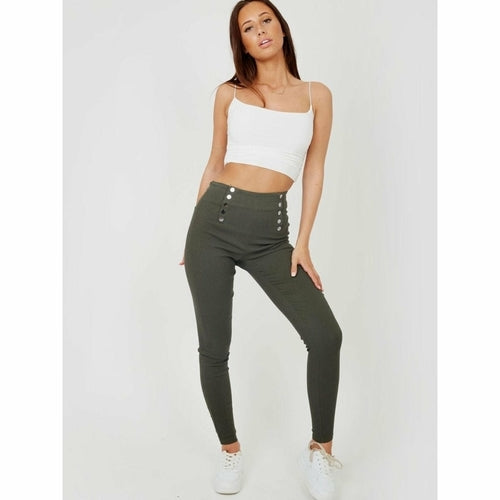 Mock Button High Waisted Jeggings - Black/Navy/Grey/Red/Khaki/Camel