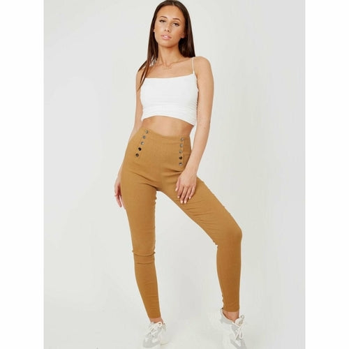 Mock Button High Waisted Jeggings - Black/Navy/Grey/Red/Khaki/Camel