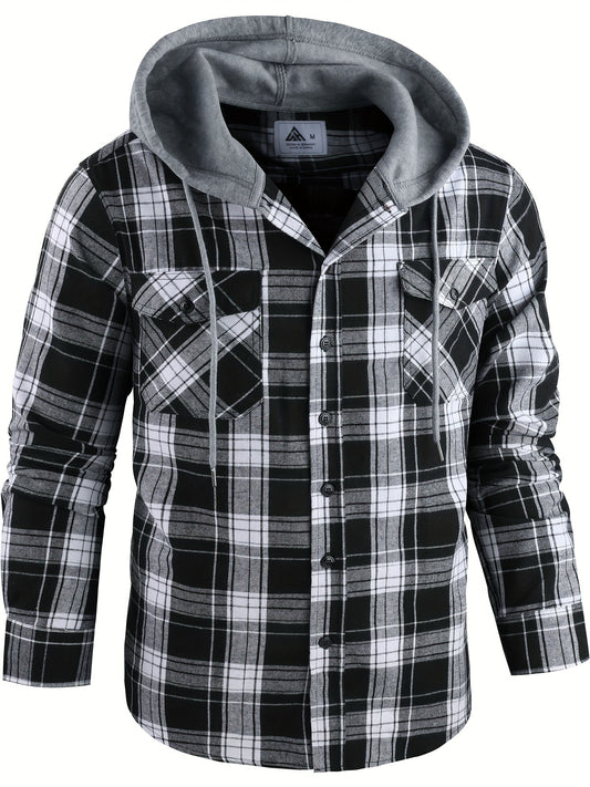 Color Block Plaid Pattern Men's Long Sleeve Hooded Button Down Shirt With Pocket Design, Men's Spring Fall Outdoor Clothing