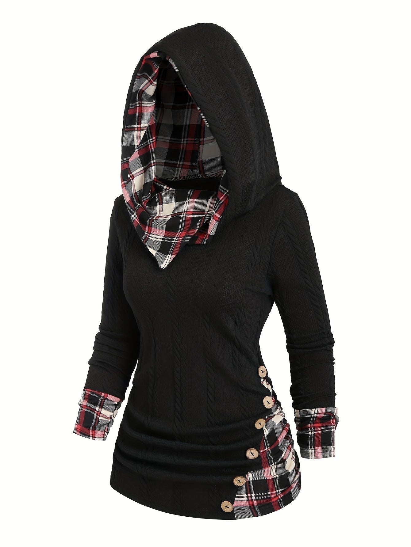 Plaid Splicing Button Decor Cable Hoodie, Casual Long Sleeve Hoodie, Women's Clothing
