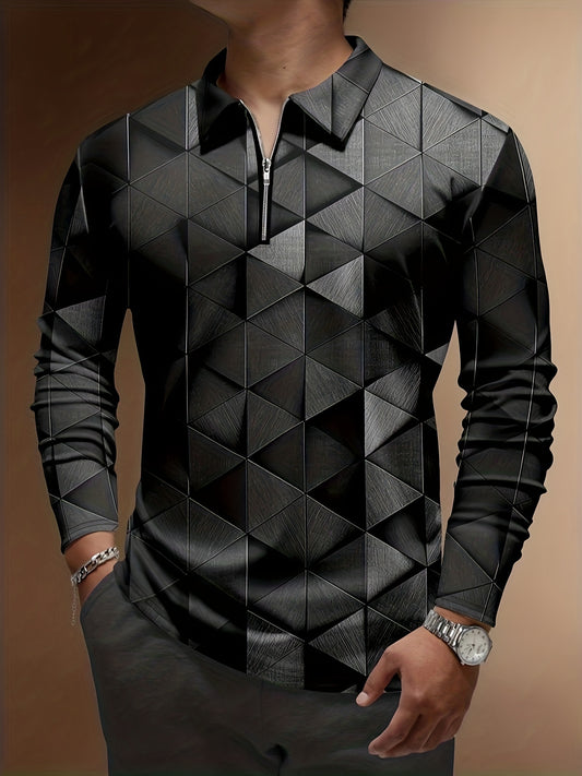 Cool Geometric Pattern Men's Long Sleeve Zipper Shirt, Trendy Comfy Male Shirt For Spring Fall