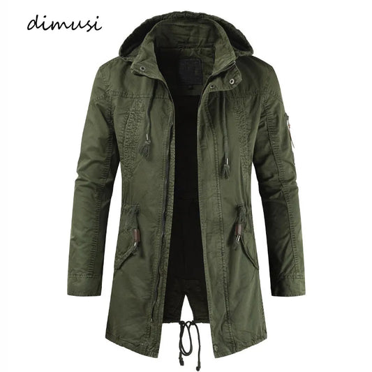 DIMUSI Men's Bomber Jacket Casual Male Army Military Coats Fashion Outwear Slim Fit Mid-Long Hooded Jackets Mens Clothing