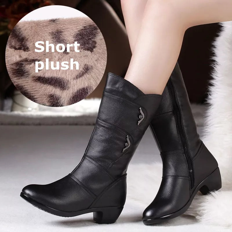 WOIZGIC Women's Mother Female Ladies Genuine Leather Shoes Boots Botas Knee High Zipper Winter Warm Plush Mid Calf Plus Size