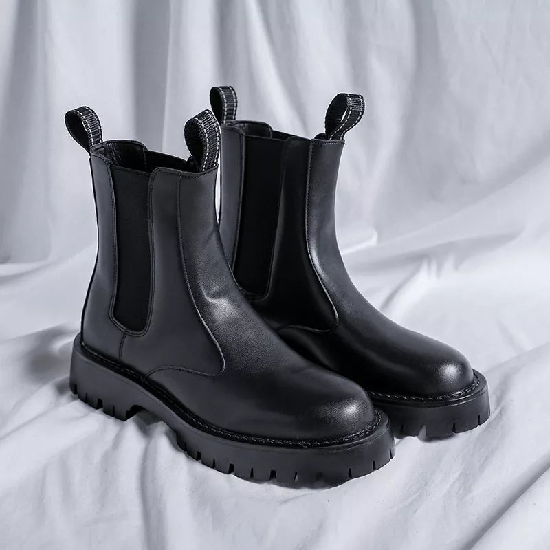 Split Leather Chelsea Boots for Men Platform Ankle Boots Male Thick Bottom Motorcycle Boots Spring Mens Chunky Casual Shoes