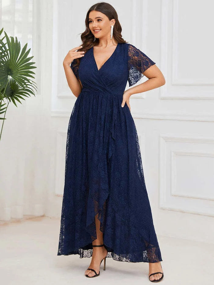 Plus Size Women Elegant Dresses 2023 Lace Short-sleeved V-neck Party Evening Dress Irregular Wave Dress For Large Size Female